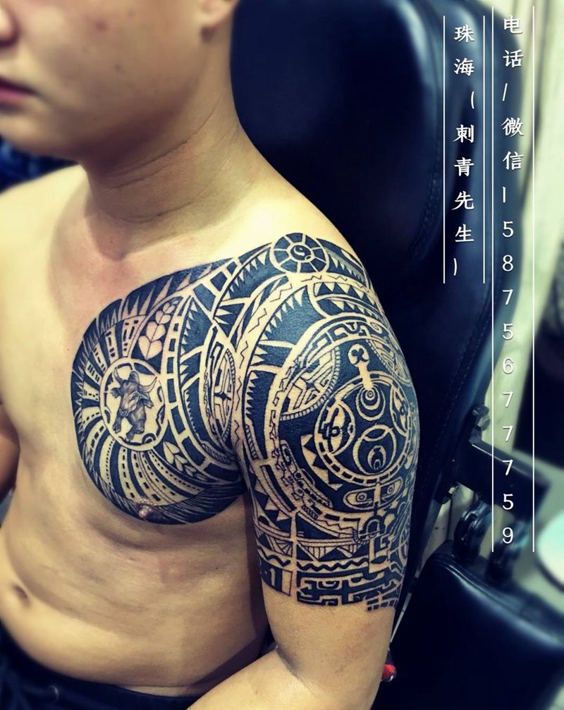 半甲（玛雅图腾）纹身图片_成品肩部胸部手臂欧美玛雅图腾纹身图案