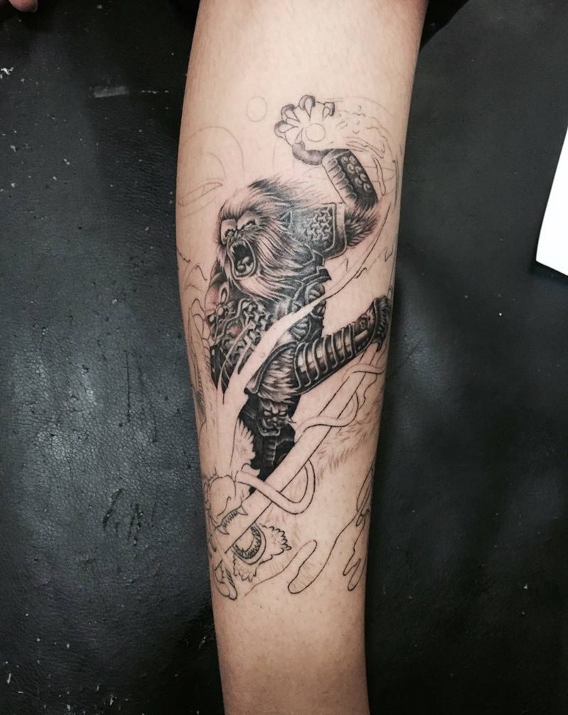 未完纹身图片_成品腿部传统鬼神纹身图案