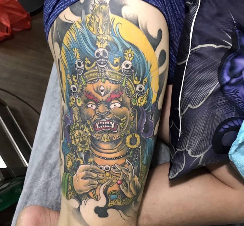 大黑天纹身图片_成品腿部传统鬼神纹身图案