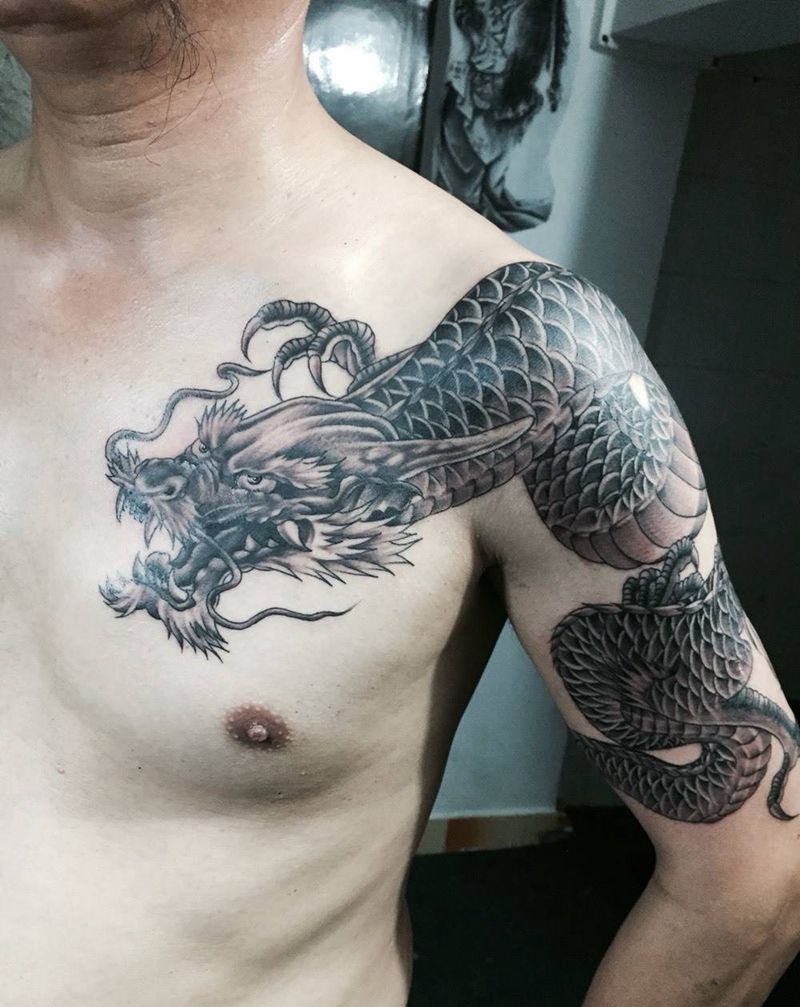 龙纹身图片_成品胸部手臂传统动物纹身图案