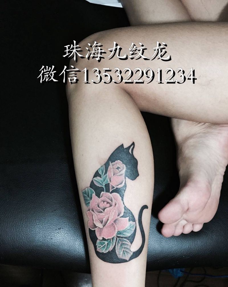 花猫纹身图片_成品脚部动物植物图腾欧美纹身图案