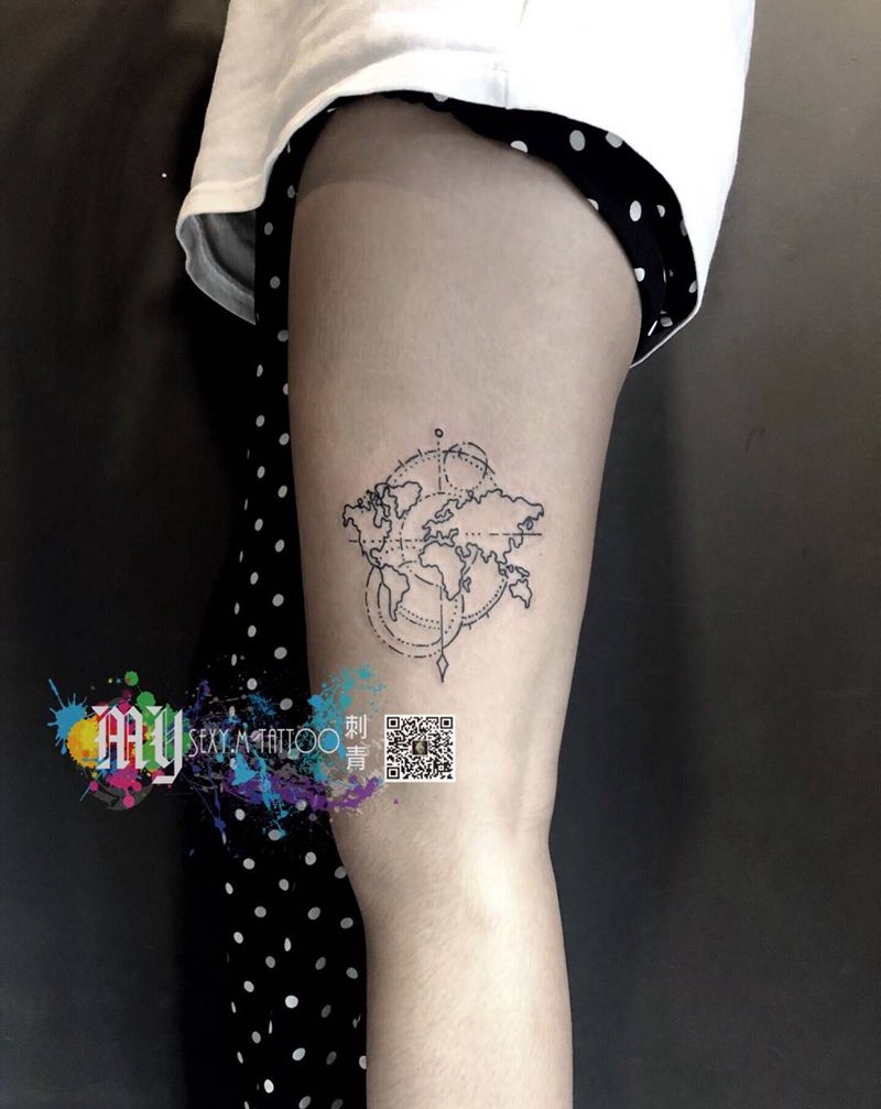 几何线条地图纹身图片_腿部纹身图案