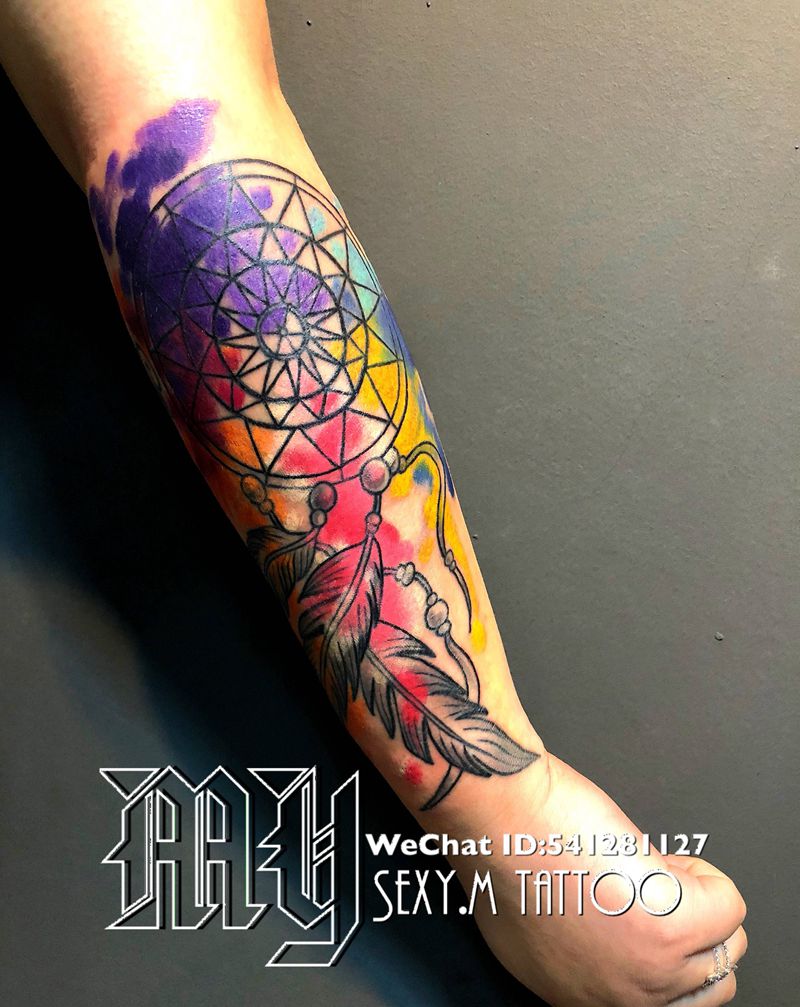 水彩捕梦网风格纹身图片_成品手部欧美原创纹身图案