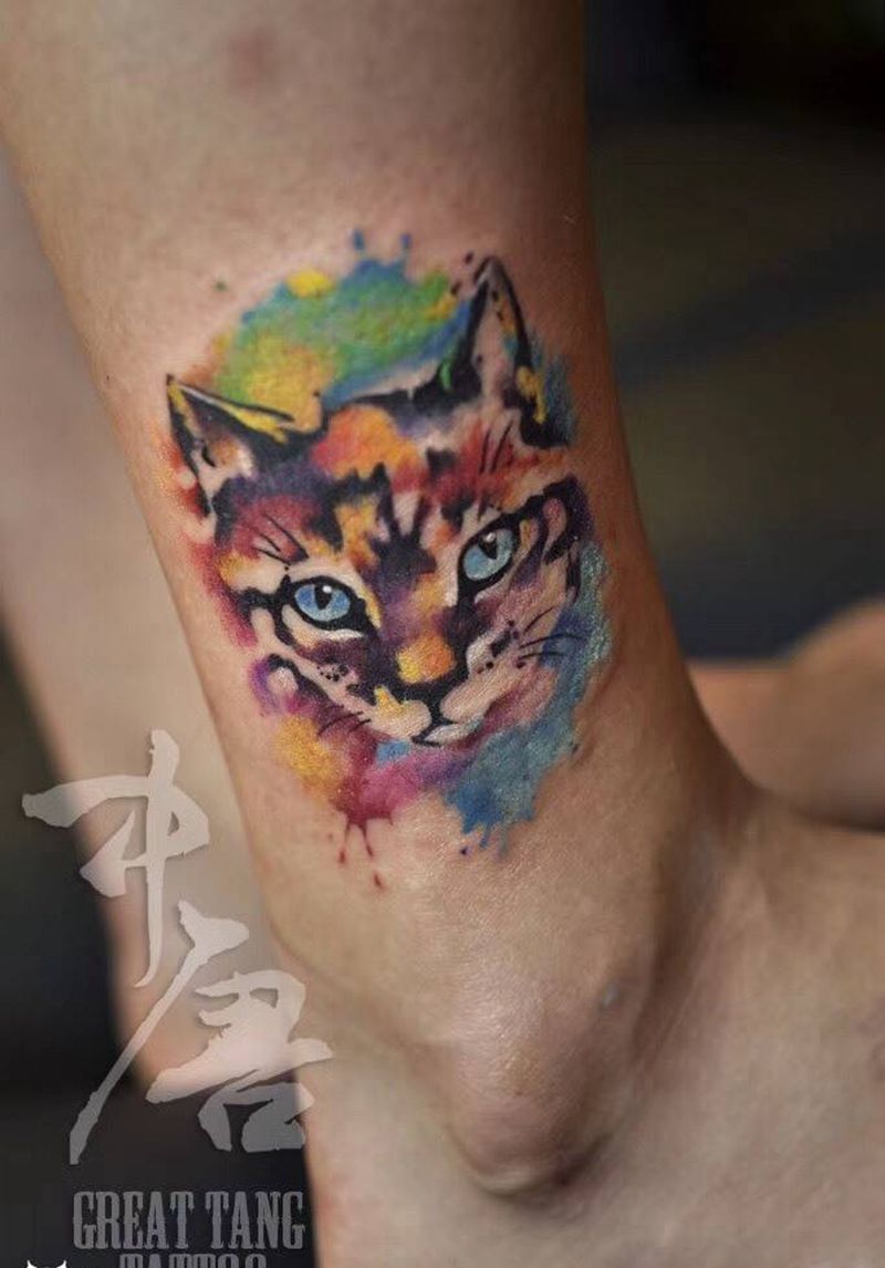 水彩喵纹身图片