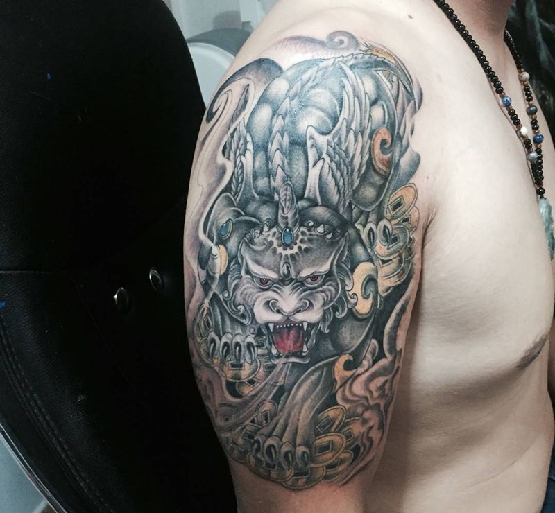 貔貅纹身图片_成品手臂传统动物宗教纹身图案