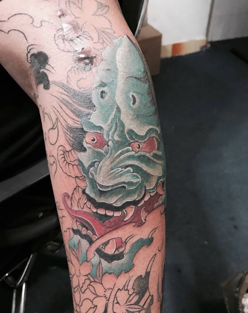 花臂一角纹身图片_成品手臂传统人物鬼神纹身图案