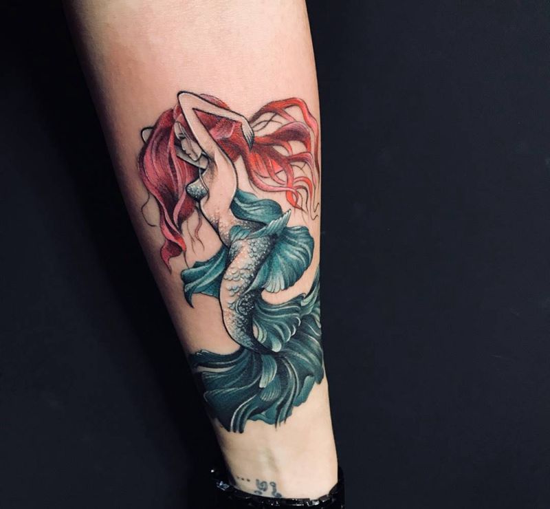 美人鱼纹身图片_手臂水彩New School纹身图案