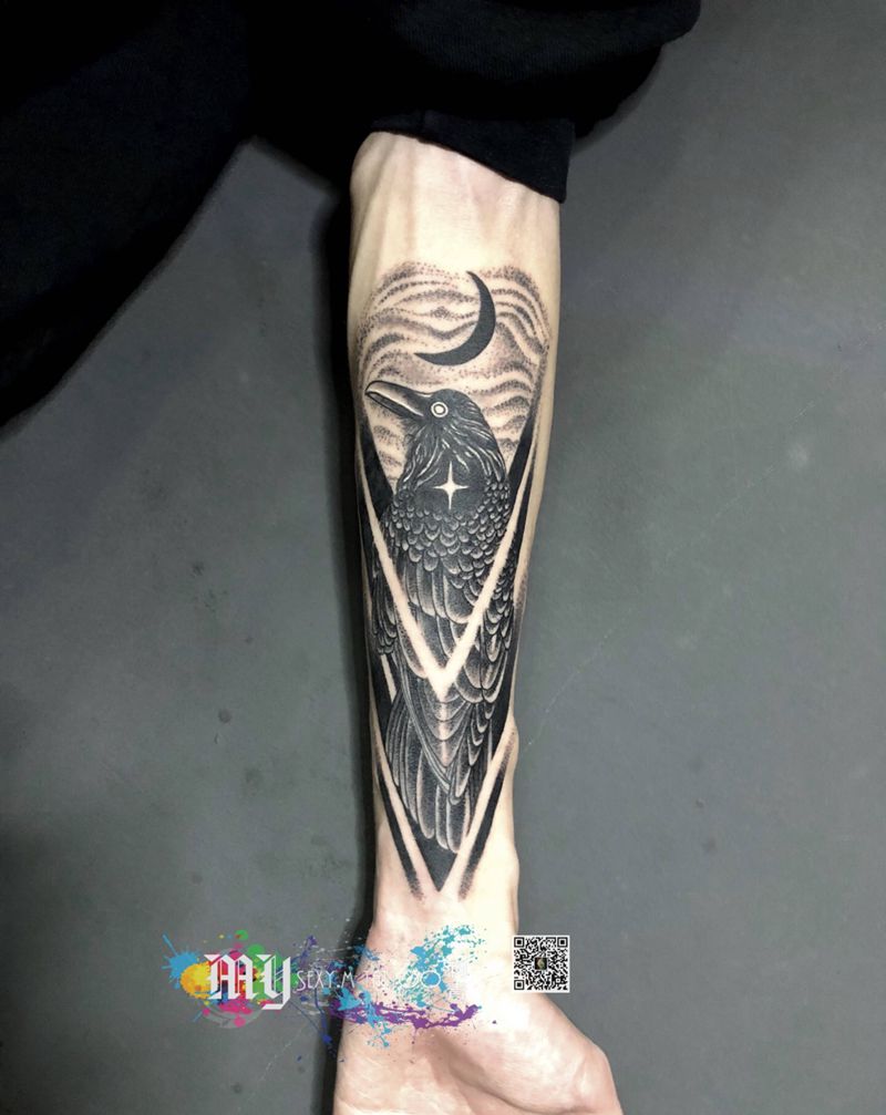 点刺几何乌鸦纹身图片_手部纹身图案