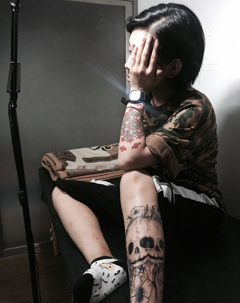 骷髅头纹身图片_成品腿部欧美鬼神纹身图案