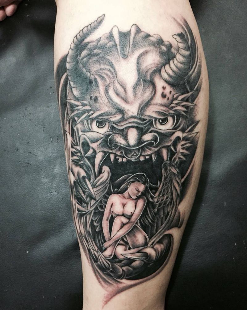 恶魔天使纹身图片_成品欧美腿部鬼神纹身图案