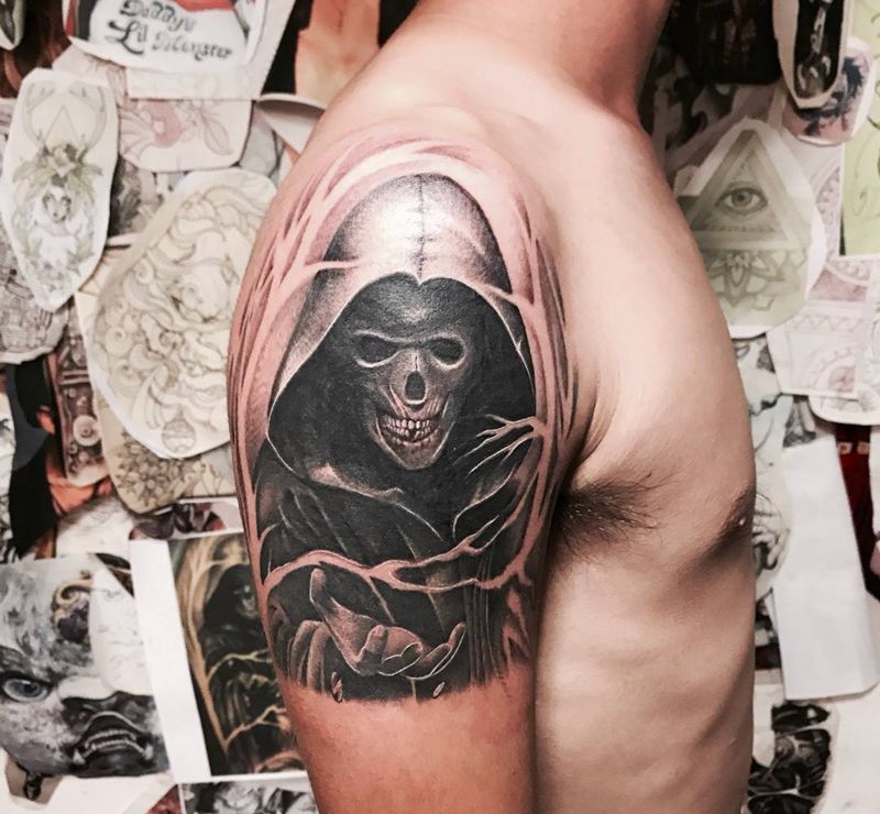 死神纹身图片_成品手臂欧美写实鬼神纹身图案