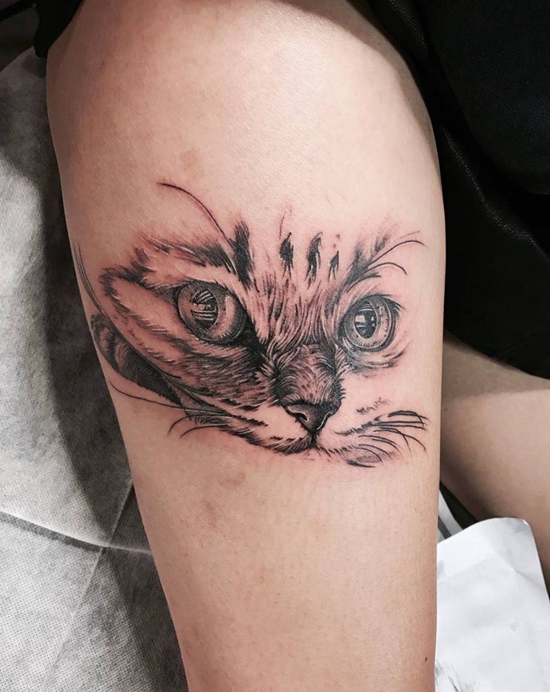 猫纹身图片_成品腿部写实动物纹身图案