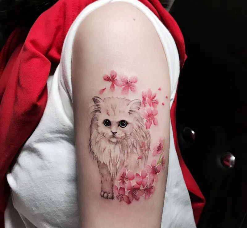 喵了个咪纹身图片_成品手臂欧美清新动物纹身图案
