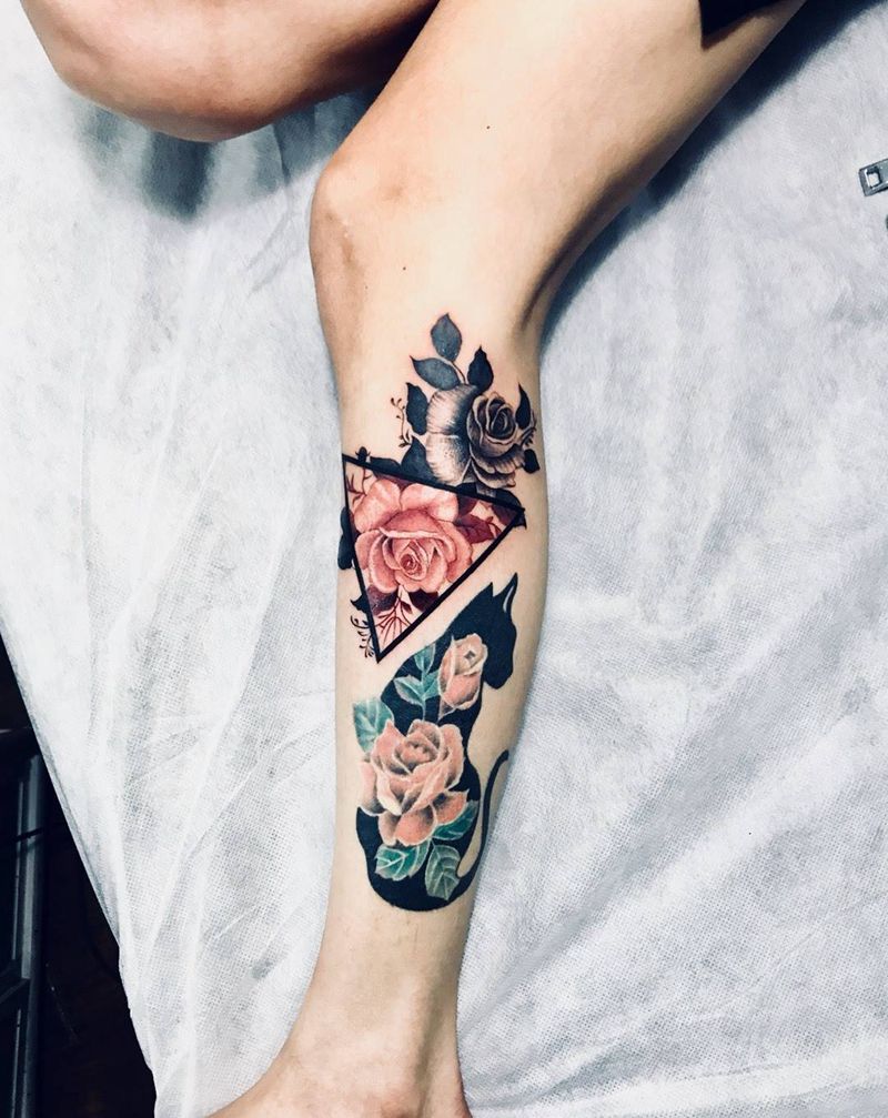 彩花纹身图片_成品腿部欧美清新几何植物图腾动物纹身图案