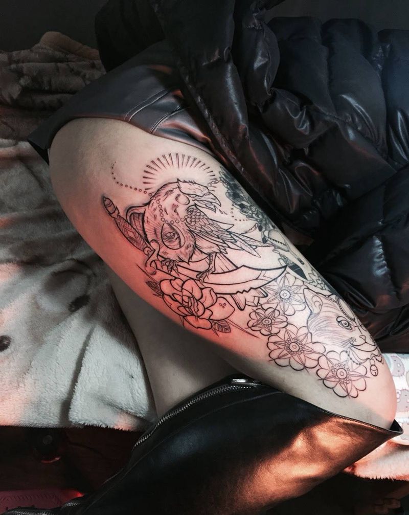 花腿前奏纹身图片_腿部欧美动物人物纹身图案