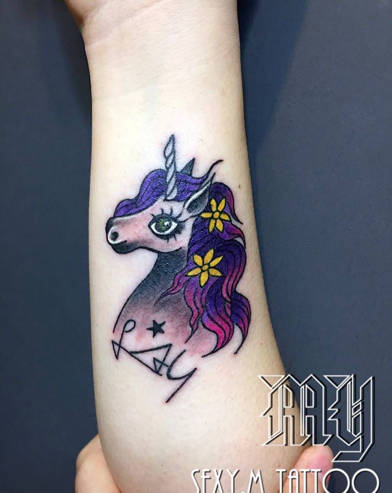 美式獨角獸纹身图片_成品手臂欧美清新原创纹身图案