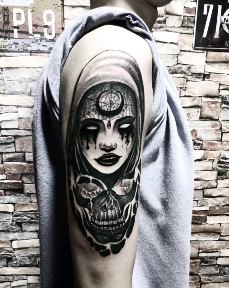 黑暗女神纹身图片_手臂暗黑纹身图案