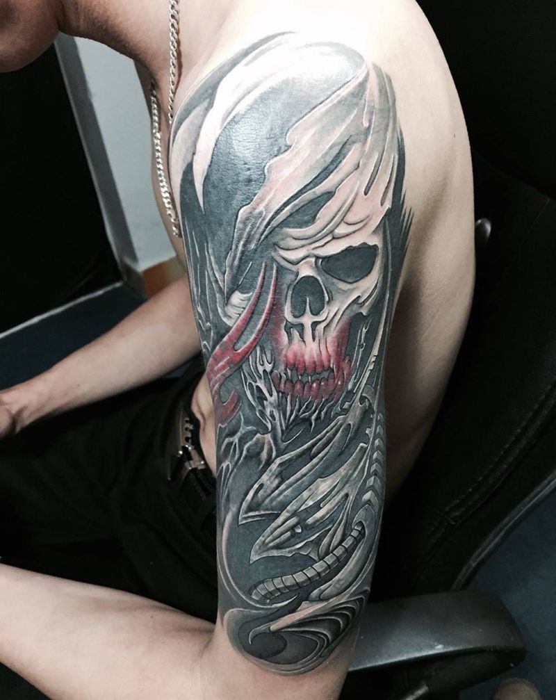 骷髅纹身图片_成品手臂欧美鬼神纹身图案