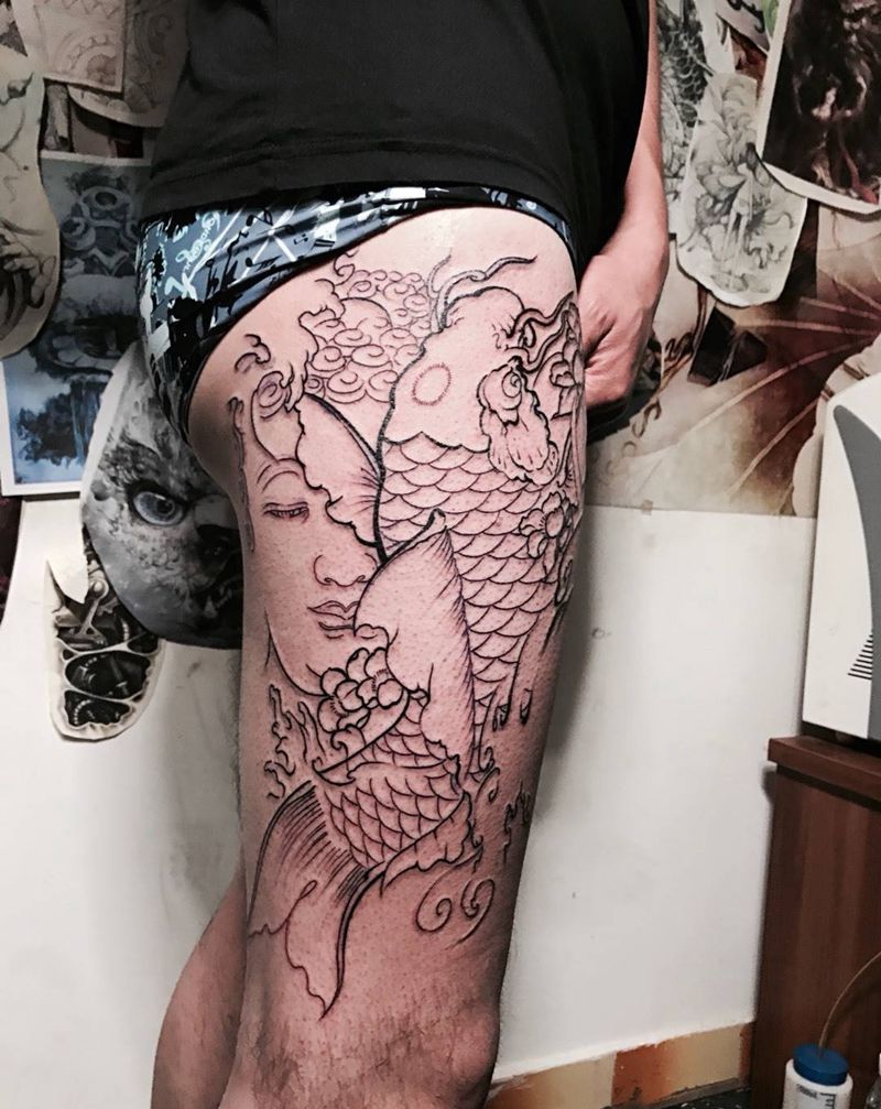 线纹身图片_成品腿部传统动物鬼神宗教纹身图案