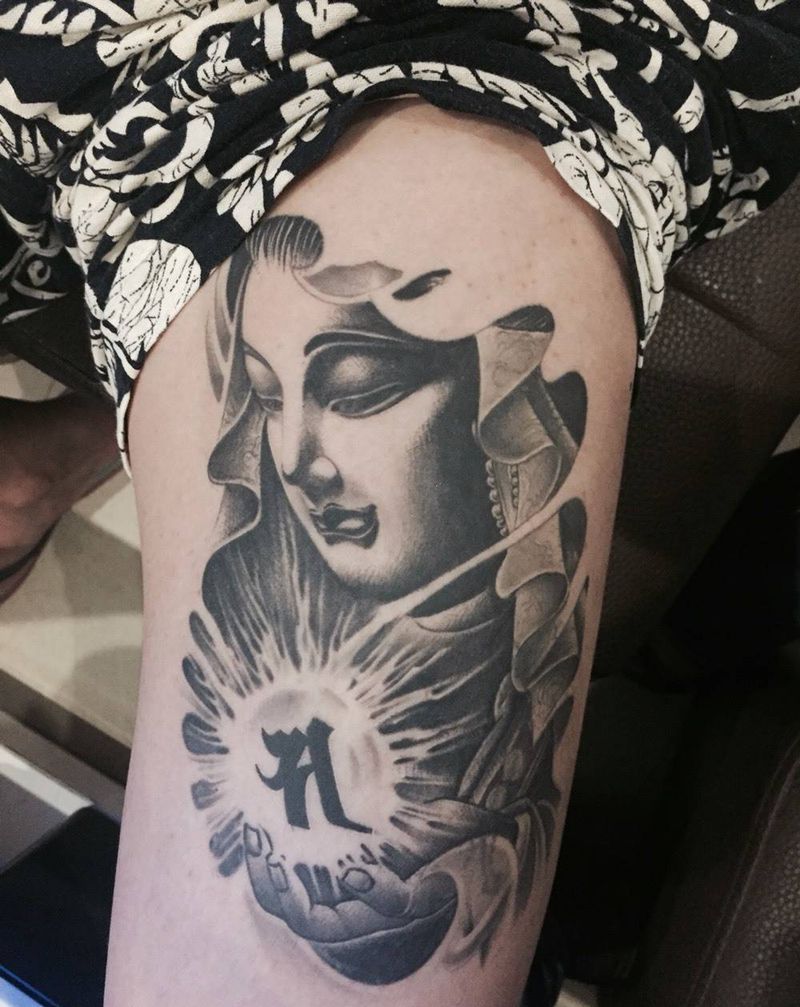 菩萨恢复一年后纹身图片_成品腿部传统鬼神人物纹身图案