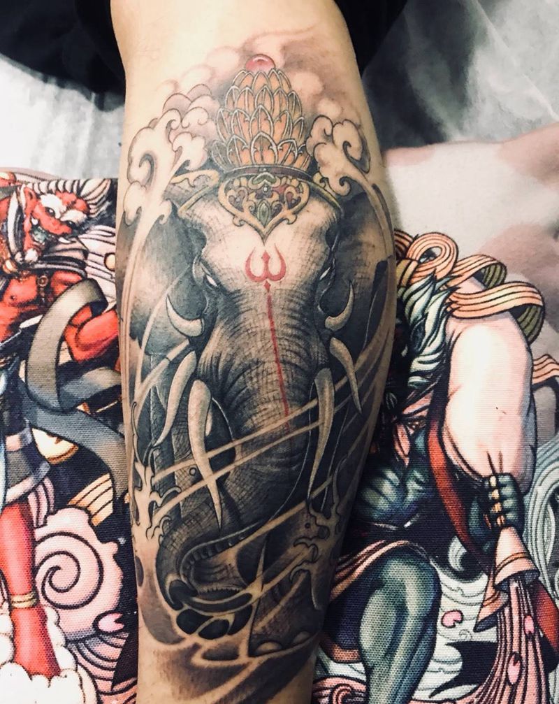象神纹身图片_成品腿部传统动物鬼神纹身图案