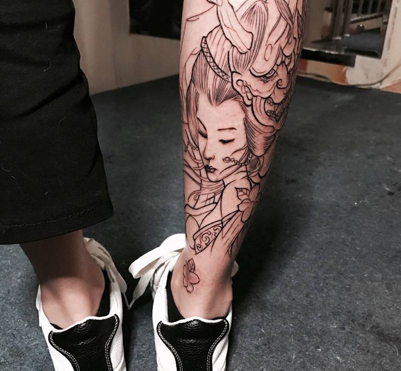 艺妓未完纹身图片_成品传统人物鬼神腿部纹身图案