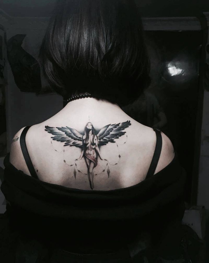 天使纹身图片_成品背部清新人物纹身图案