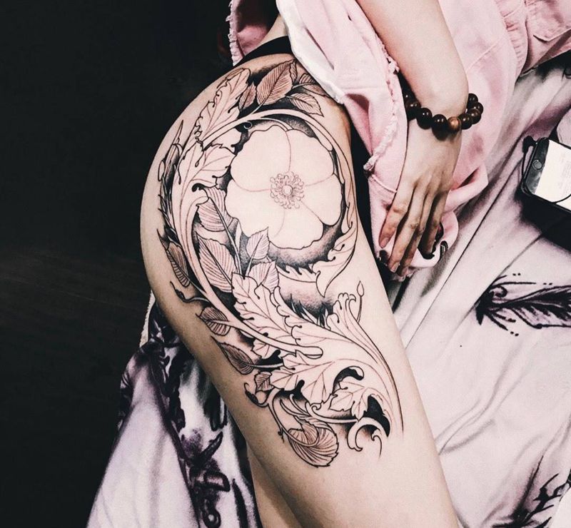 花   腿。未完纹身图片_成品腿部清新植物纹身图案