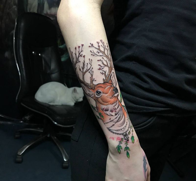 鹿纹身图片_成品手臂欧美清新动物纹身图案