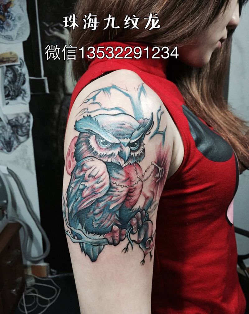 猫头鹰纹身图片_手臂欧美动物纹身图案