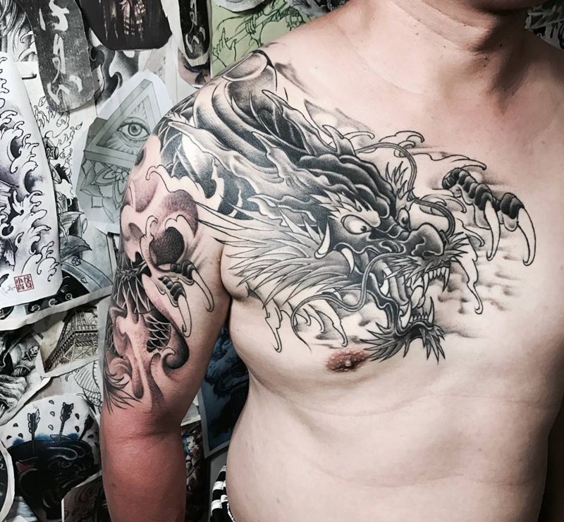 又见过肩龙纹身图片_成品肩部手臂传统鬼神动物纹身图案