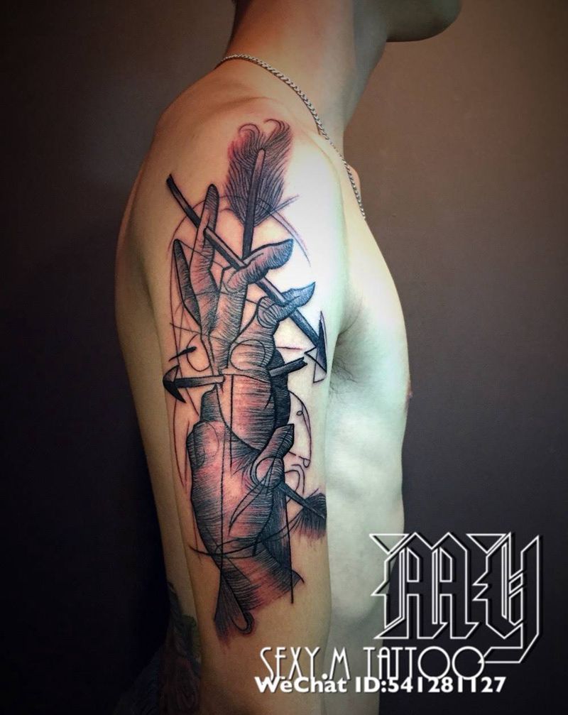 幾何黑灰拉絲風格纹身图片_成品手臂欧美几何纹身图案