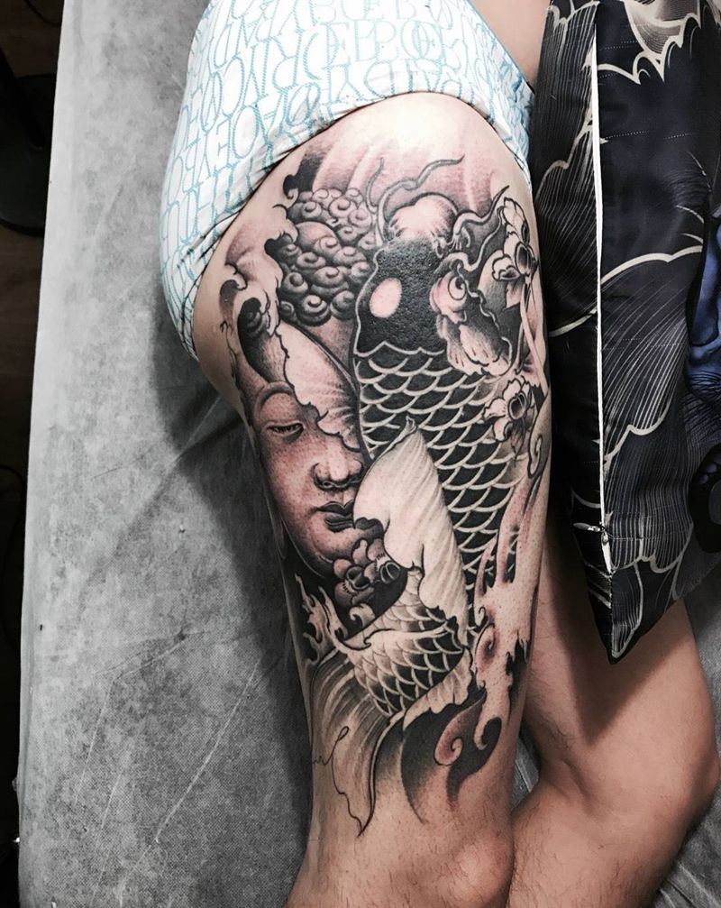 佛鱼完成纹身图片_成品腿部传统动物鬼神纹身图案