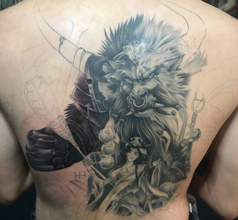 未完纹身图片_成品背部传统鬼神动物人物纹身图案