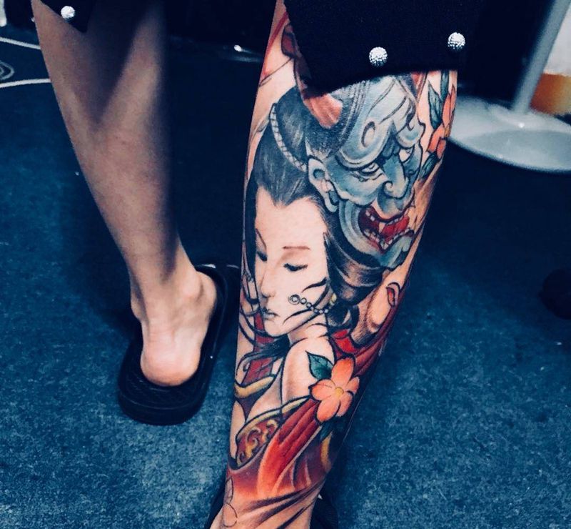 艺姬未完纹身图片_成品腿部传统人物鬼神纹身图案