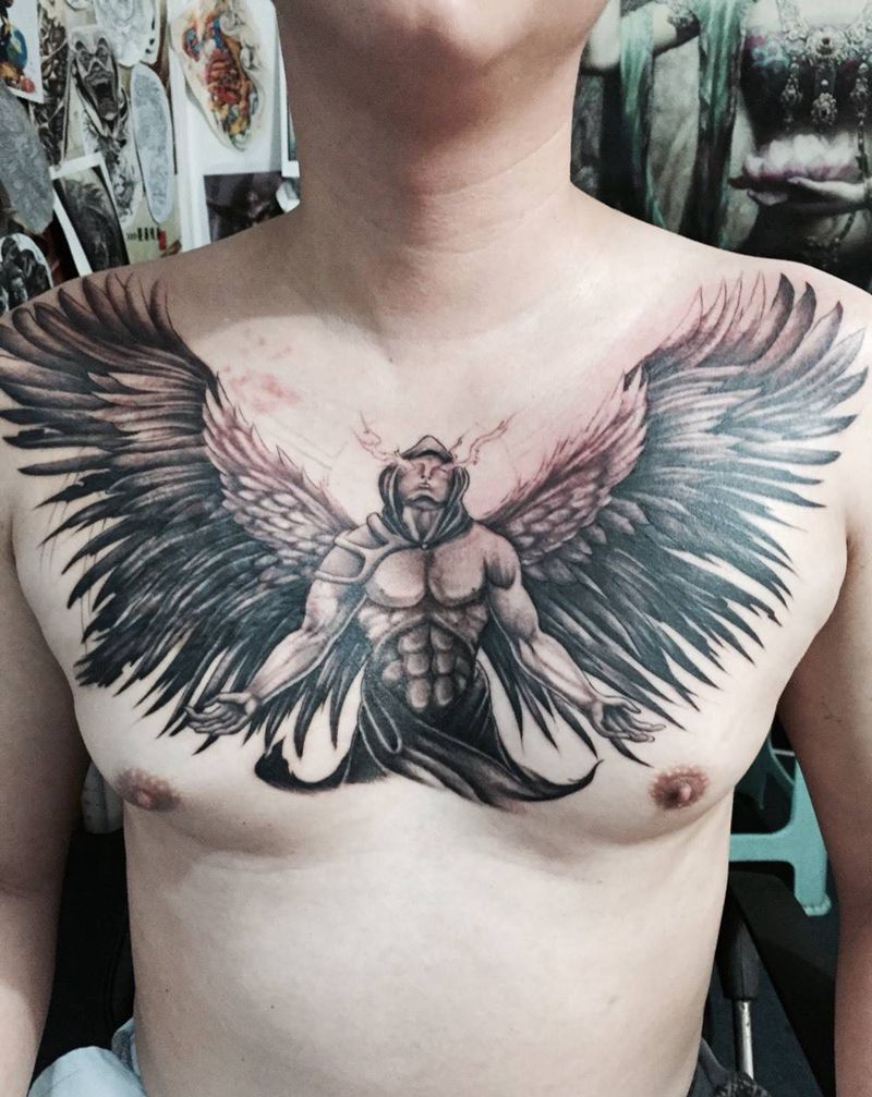 天使遮盖疤痕未完纹身图片_成品胸部欧美鬼神纹身图案