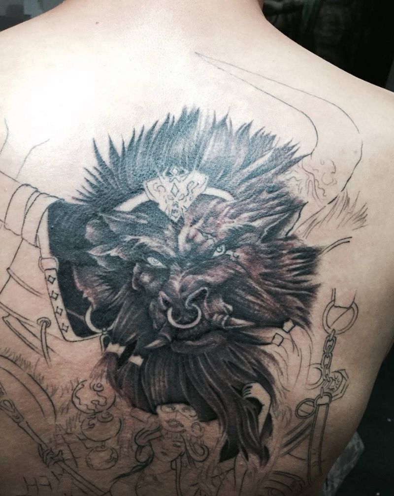 牛魔铁扇纹身图片_成品背部传统鬼神纹身图案