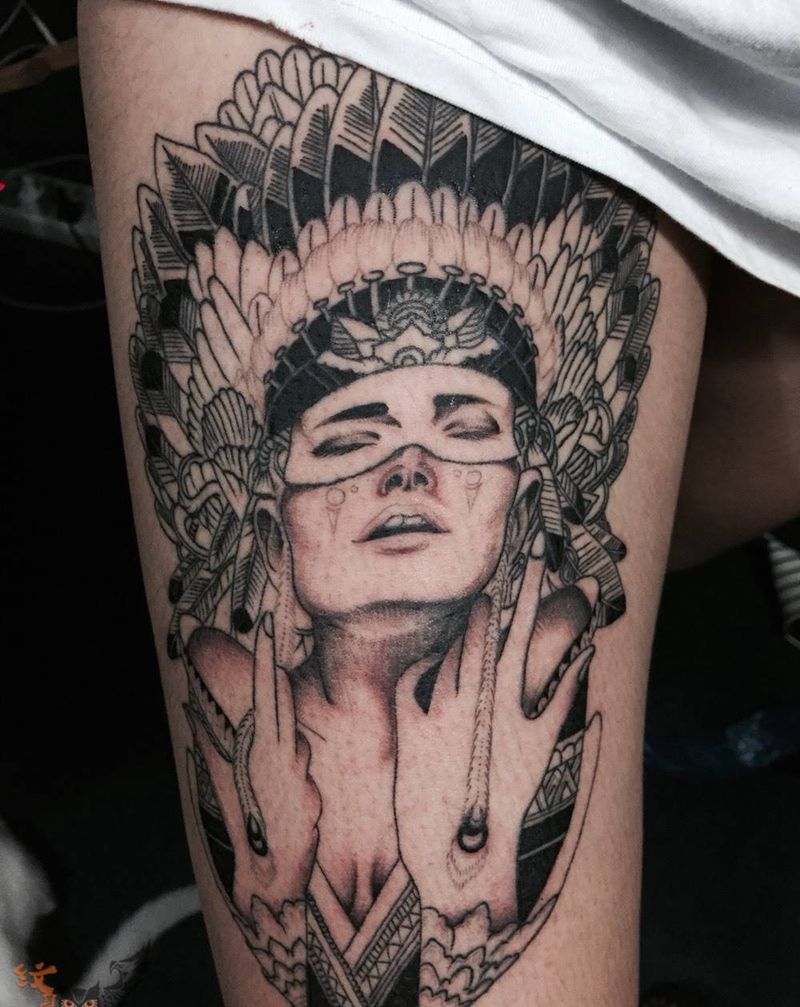 印第安人纹身图片_写实人物腿部纹身图案