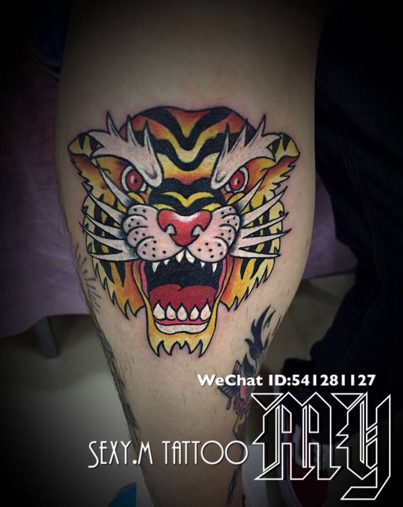 school老虎纹身图片_成品腿部欧美纹身图案