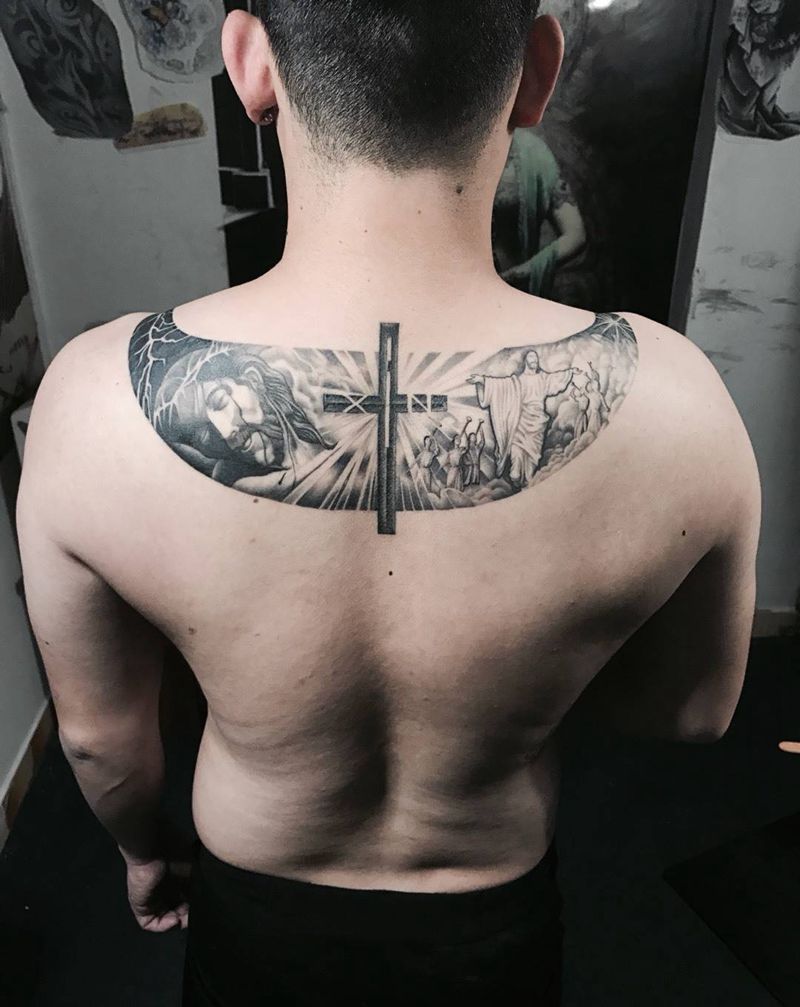 死亡与重生纹身图片_成品背部欧美人物宗教写实纹身图案