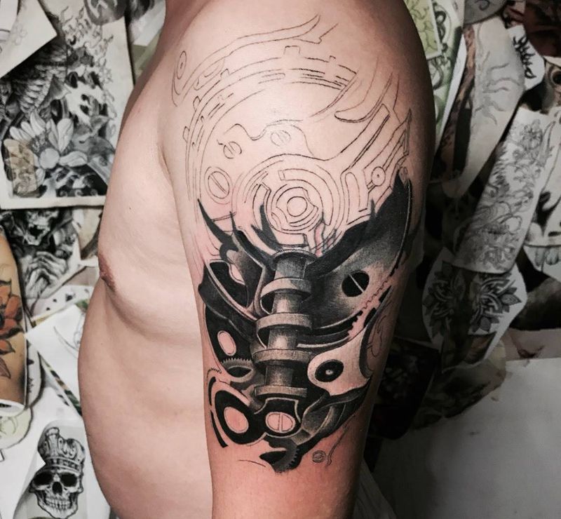 机械未完纹身图片_成品手臂欧美几何写实纹身图案