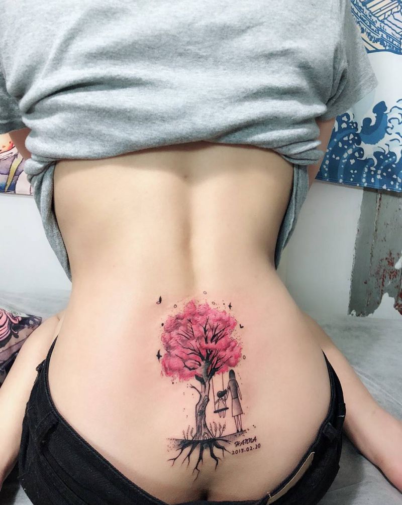 树纹身图片_成品背部清新传统植物静物纹身图案