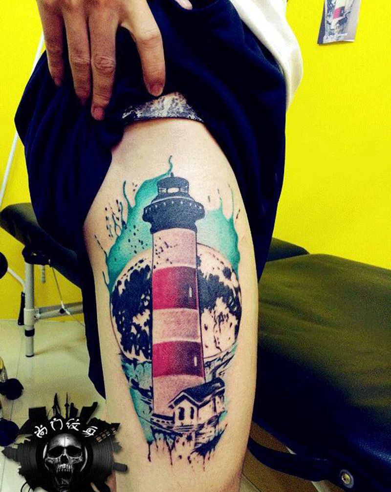 泼墨灯塔纹身图片
