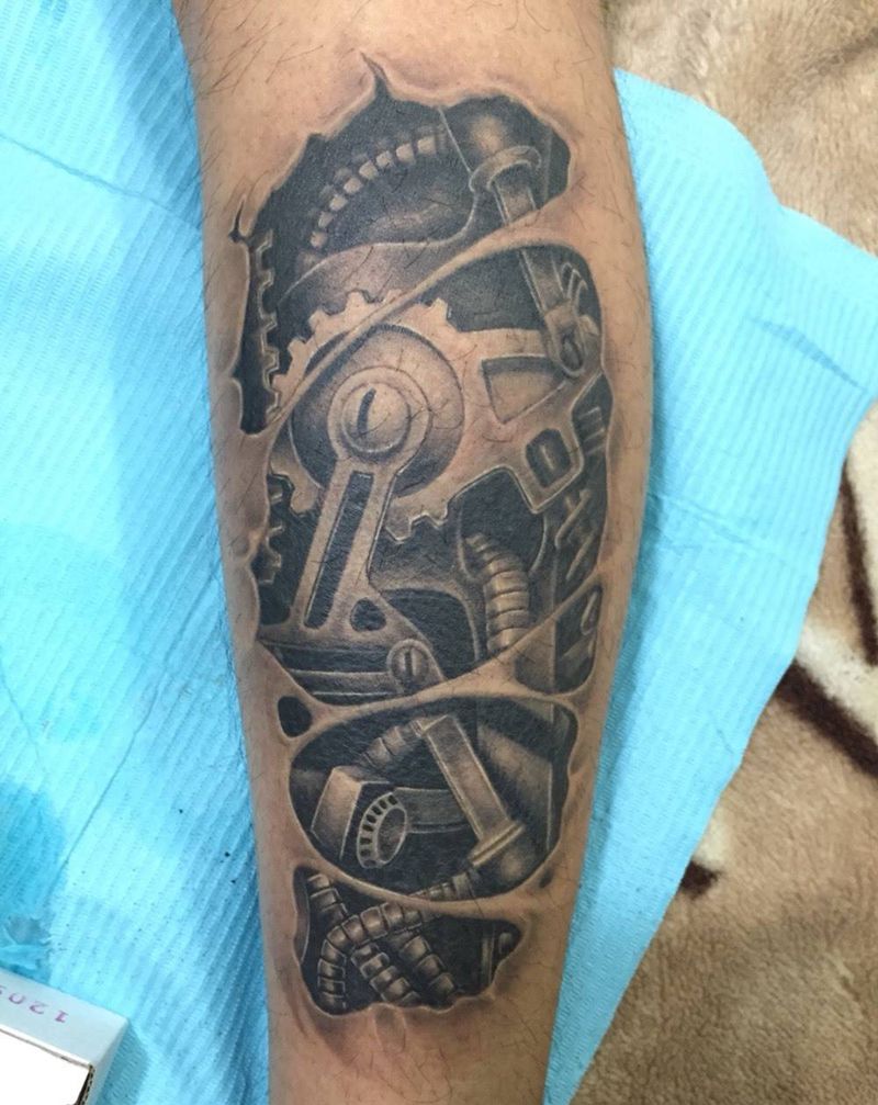 机械腿恢复后纹身图片_成品腿部欧美写实纹身图案