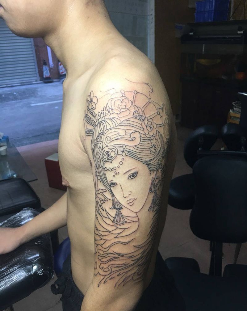 艺妓线条纹身图片_手臂新传统艺妓纹身图案