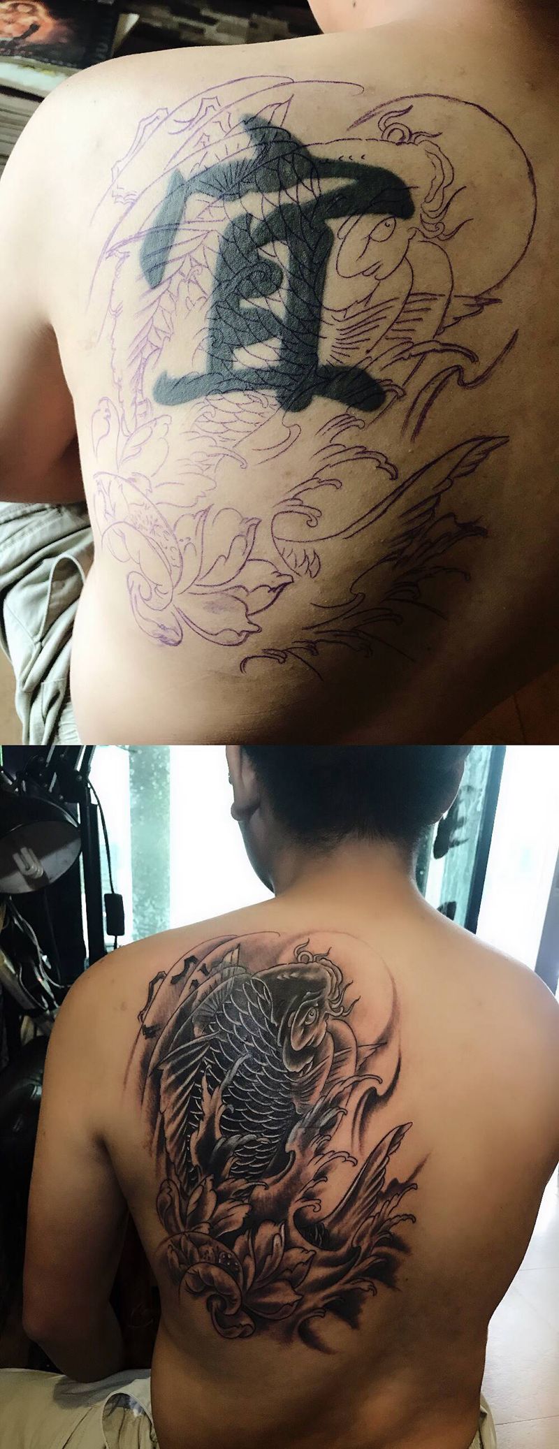 鲤鱼遮盖纹身图片_背部纹身图案