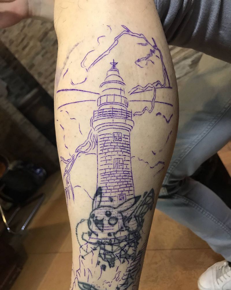 灯塔遮盖纹身图片_腿部纹身图案