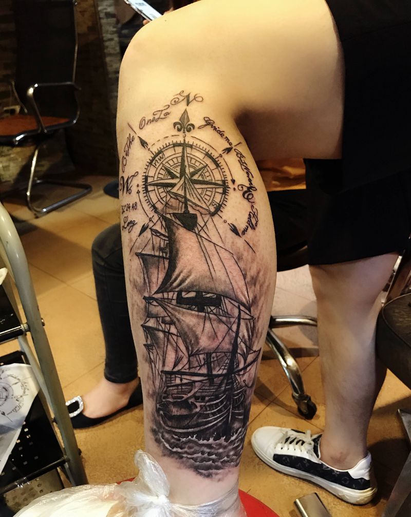 帆船纹身图片_腿部纹身图案
