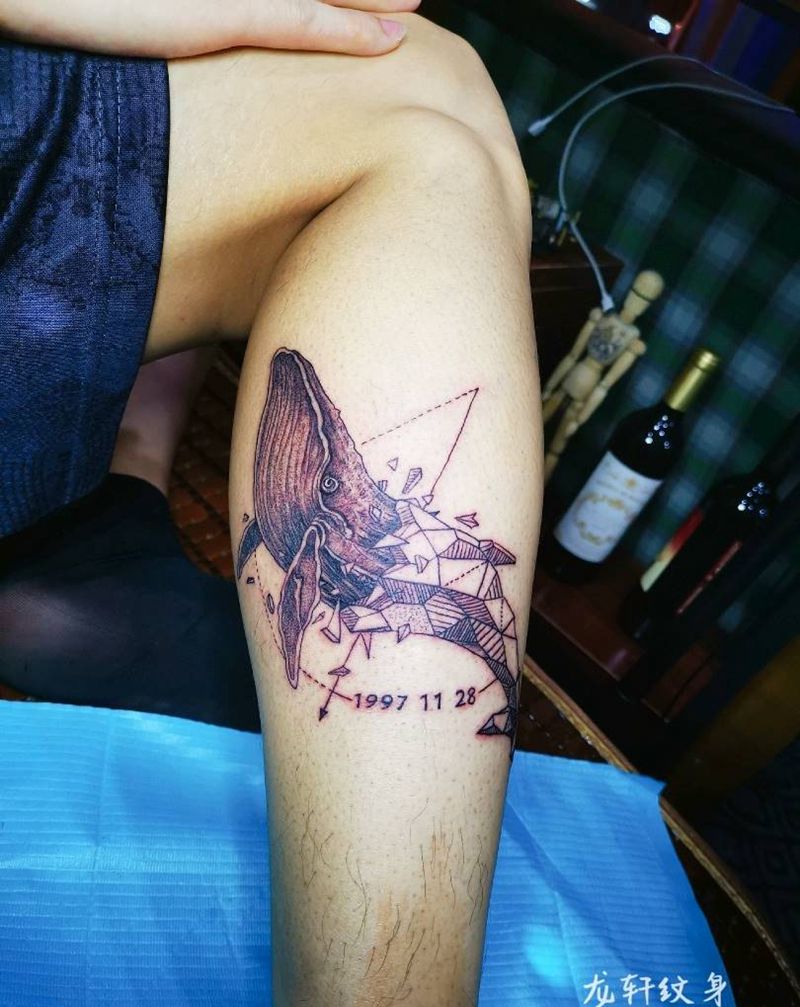 鲸鱼纹身图片_腿部几何纹身图案