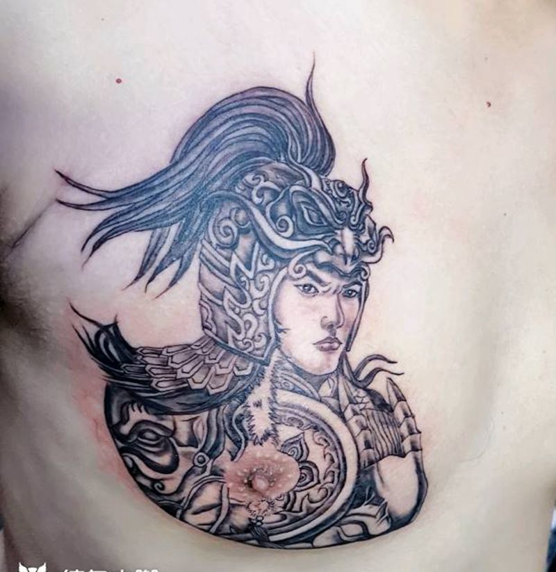 赵云遮盖伤疤纹身图片_胸部欧美写实老传统纹身图案